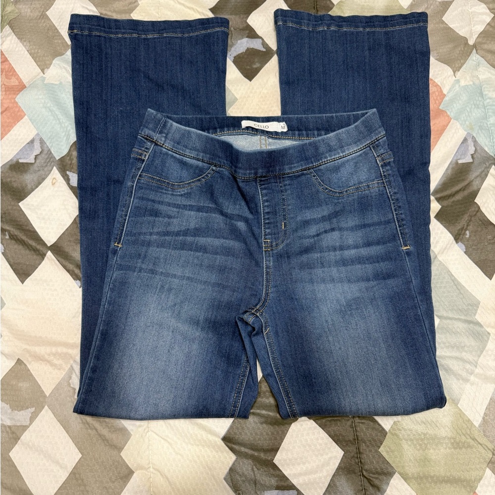 Cello Blue Flare Wide Leg Jeans with Subtle Distressing